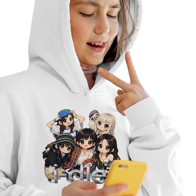 Fashion, accesorii si bijuterii - Copii - Imbracaminte copii - Pulovere si hanorace copii - Hanorac Copii Fete I-dle Kpop Cartoon Idle Merch, alb, marime S Copii - Infinity.ro