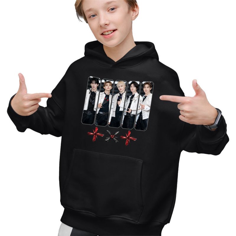 Fashion, accesorii si bijuterii - Copii - Imbracaminte copii - Pulovere si hanorace copii - Hanorac Copii Baieti Tomorrow X Together Kpop Party Merch, negru, marime L Copii - Infinity.ro