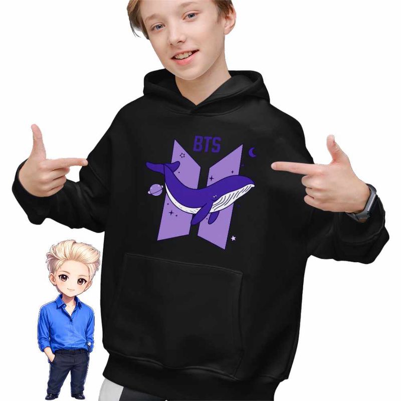 Fashion, accesorii si bijuterii - Copii - Imbracaminte copii - Pulovere si hanorace copii - Hanorac Copii Baieti Kpop BTS Universe Whale, negru, marime L Copii - Infinity.ro