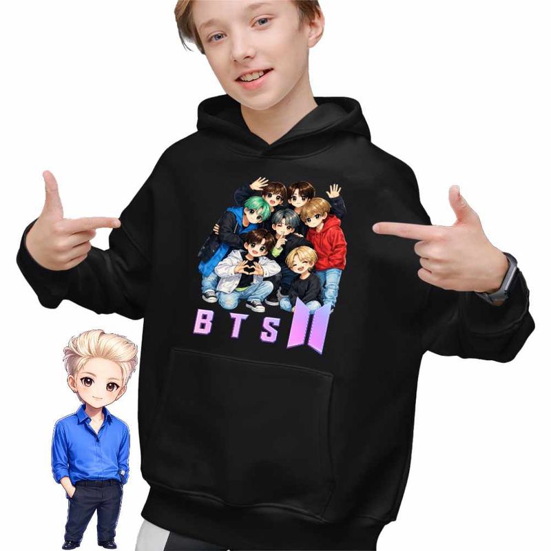Fashion, accesorii si bijuterii - Copii - Imbracaminte copii - Pulovere si hanorace copii - Hanorac Copii Baieti BTS Kpop Style, negru, marime XL Copii - Infinity.ro