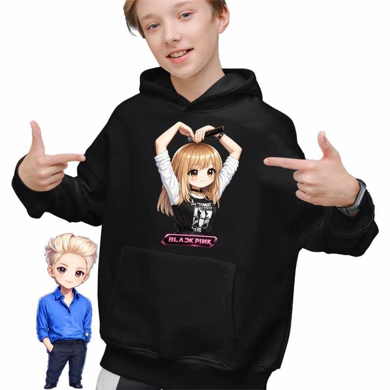Fashion, accesorii si bijuterii - Copii - Imbracaminte copii - Pulovere si hanorace copii - Hanorac Copii Baieti BlackPink Lisa Heart Love Kpop, negru, marime M Copii - Infinity.ro