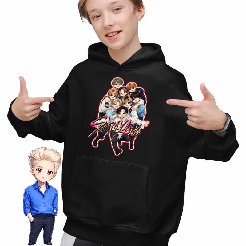 Fashion, accesorii si bijuterii - Copii - Imbracaminte copii - Pulovere si hanorace copii - Hanorac Copii Baieti Stray Kids Anime Merch Kpop Korean, negru, marime L Copii - Infinity.ro