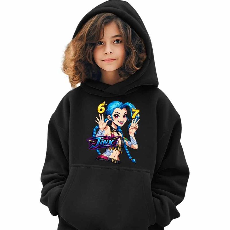 Fashion, accesorii si bijuterii - Copii - Imbracaminte copii - Pulovere si hanorace copii - Hanorac Copii Fete Jinx Six Seven Arcane Runeterra, negru, marime XS Copii - Infinity.ro
