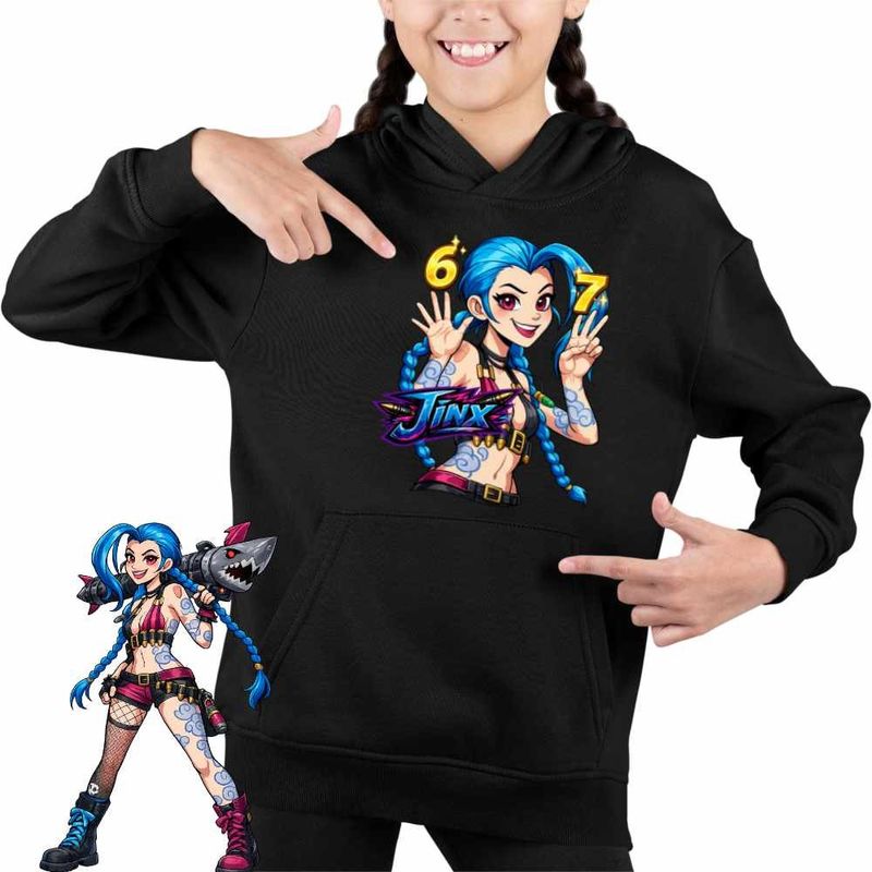 Fashion, accesorii si bijuterii - Copii - Imbracaminte copii - Pulovere si hanorace copii - Hanorac Copii Fete Jinx Six Seven Arcane Runeterra, negru, marime XS Copii - Infinity.ro