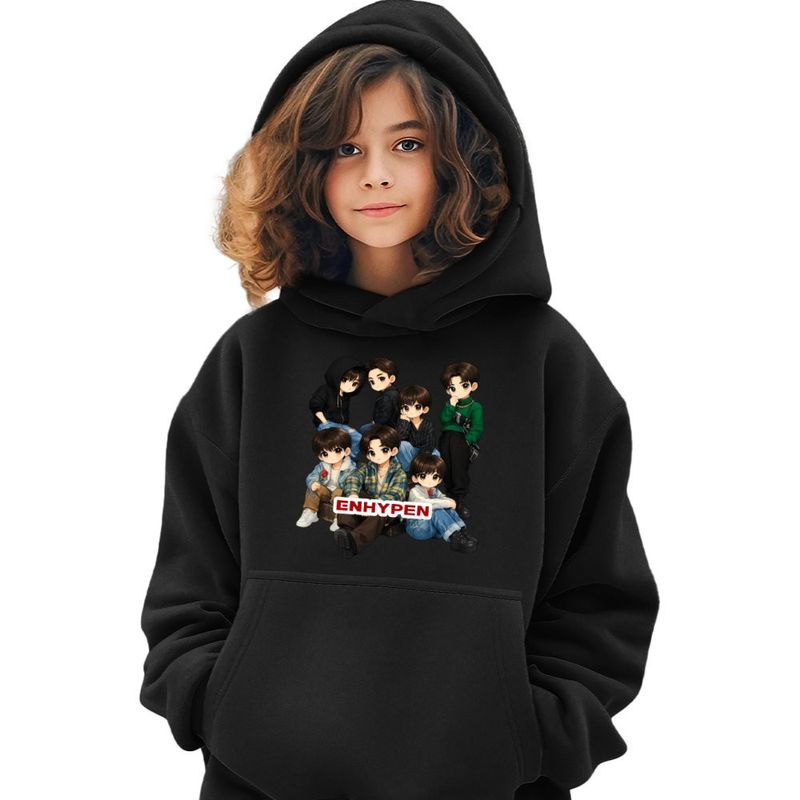 Fashion, accesorii si bijuterii - Copii - Imbracaminte copii - Pulovere si hanorace copii - Hanorac Copii Fete Kpop Enhypen Cartoon Merch, negru, marime XS Copii - Infinity.ro