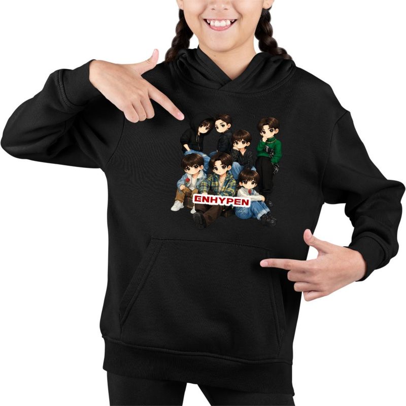 Fashion, accesorii si bijuterii - Copii - Imbracaminte copii - Pulovere si hanorace copii - Hanorac Copii Fete Kpop Enhypen Cartoon Merch, negru, marime XS Copii - Infinity.ro