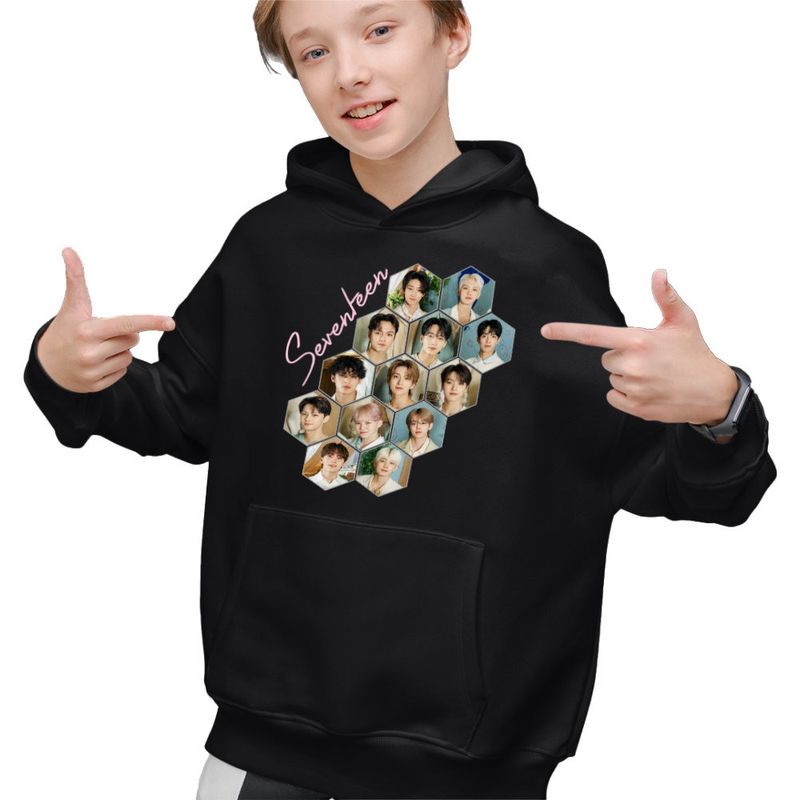 Fashion, accesorii si bijuterii - Copii - Imbracaminte copii - Pulovere si hanorace copii - Hanorac Copii Baieti Seventeen Merch Kpop, negru, marime XS Copii - Infinity.ro