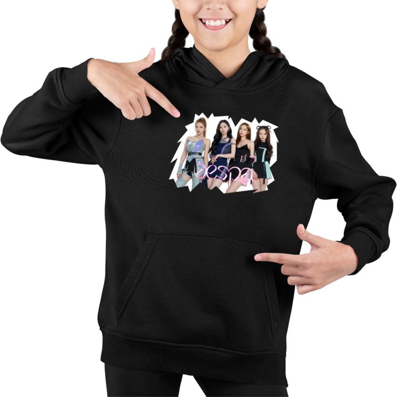 Fashion, accesorii si bijuterii - Copii - Imbracaminte copii - Pulovere si hanorace copii - Hanorac Copii Fete Aespa Party Kpop Merch, negru, marime XS Copii - Infinity.ro