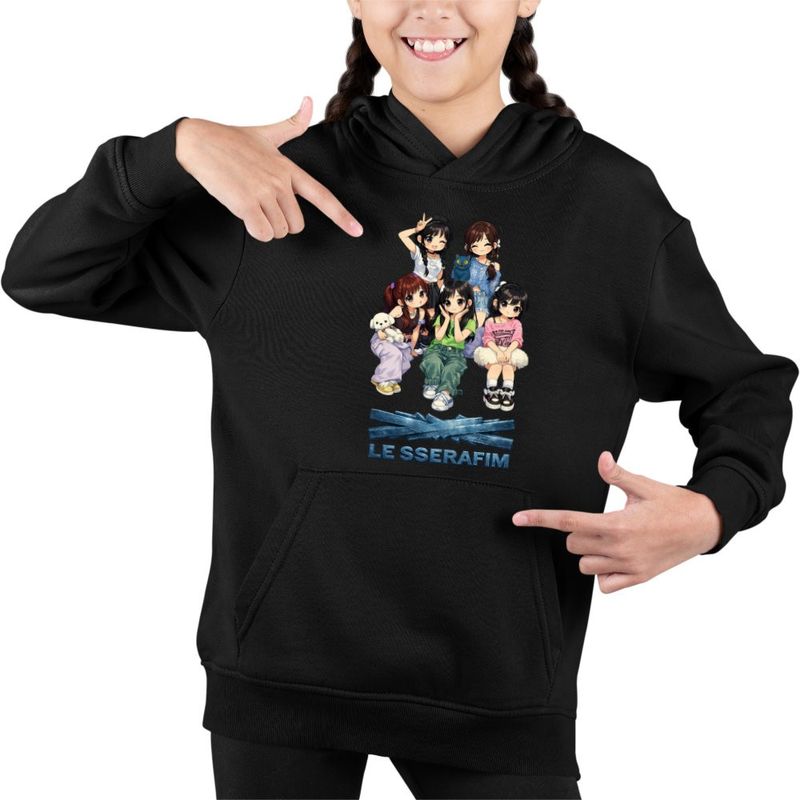 Fashion, accesorii si bijuterii - Copii - Imbracaminte copii - Pulovere si hanorace copii - Hanorac Copii Fete Le Sserafim Kpop Serafim Merch, negru, marime XS Copii - Infinity.ro