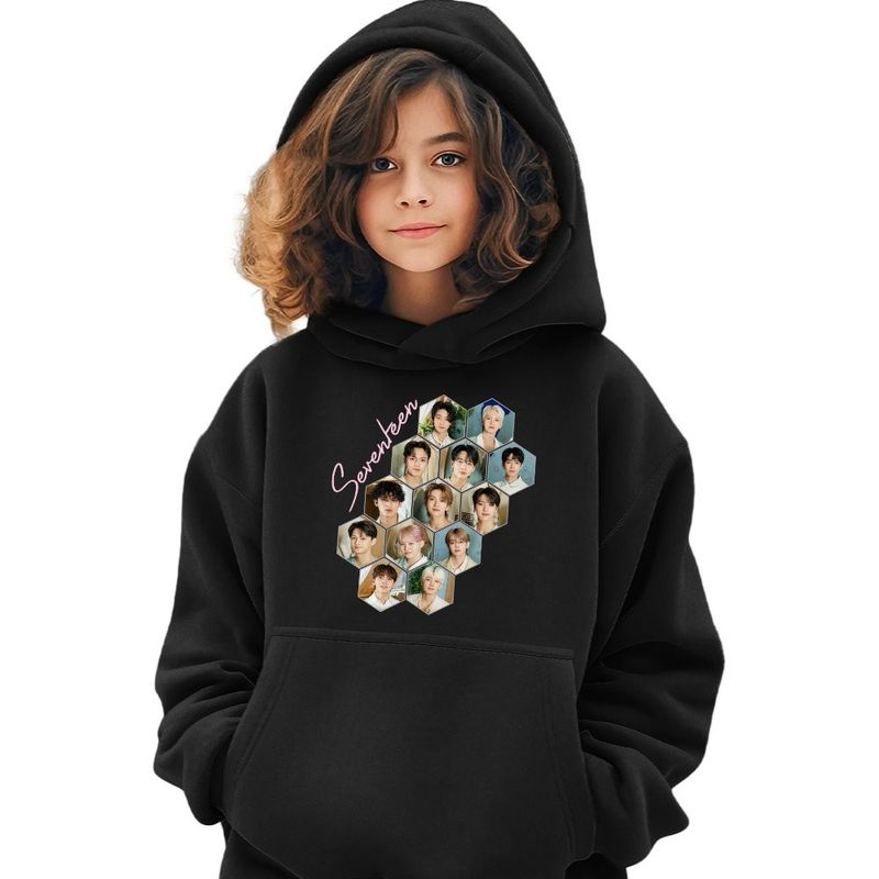 Fashion, accesorii si bijuterii - Copii - Imbracaminte copii - Pulovere si hanorace copii - Hanorac Copii Fete Seventeen Merch Kpop, negru, marime XS Copii - Infinity.ro