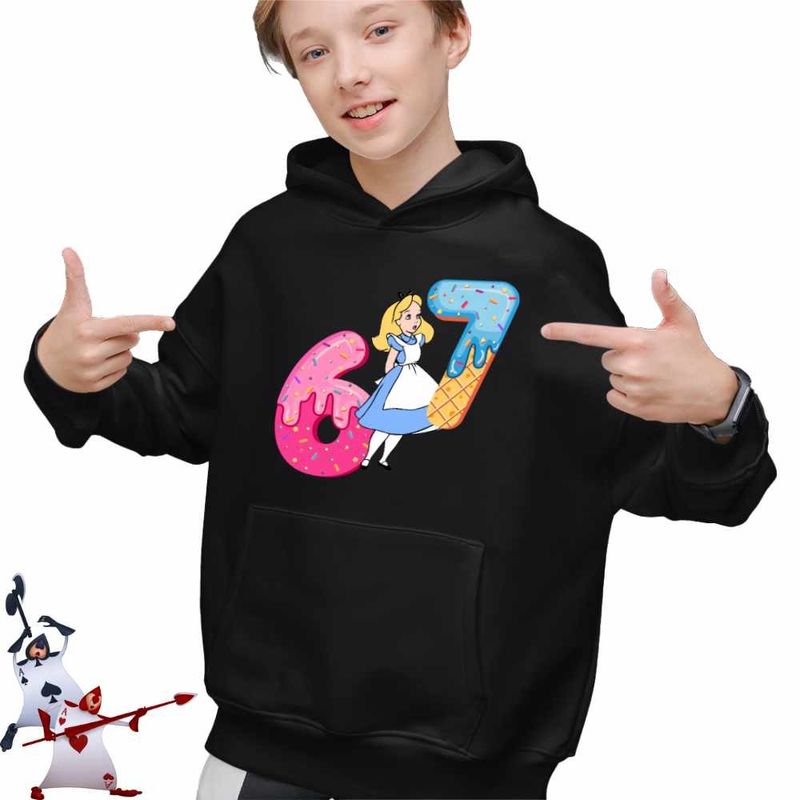 Fashion, accesorii si bijuterii - Copii - Imbracaminte copii - Pulovere si hanorace copii - Hanorac Copii Baieti Alice Tara Minunilor Six Seven Sase Sapte 67, negru, marime XS Copii - Infinity.ro