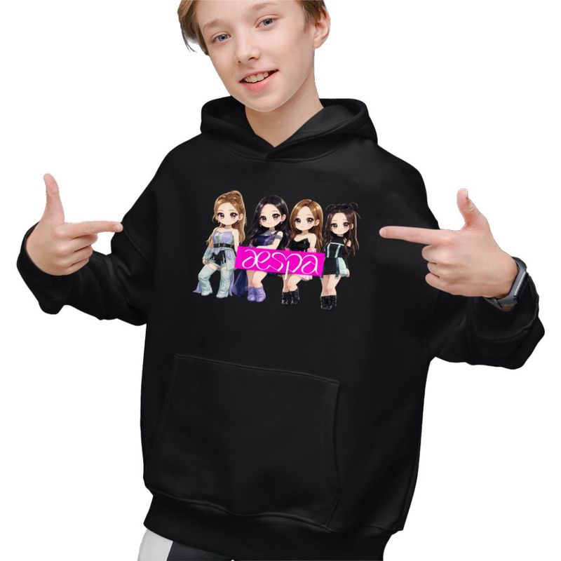 Fashion, accesorii si bijuterii - Copii - Imbracaminte copii - Pulovere si hanorace copii - Hanorac Copii Baieti Aespa Kpop Fest, negru, marime XS Copii - Infinity.ro