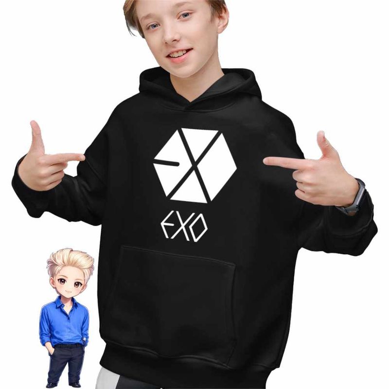 Fashion, accesorii si bijuterii - Copii - Imbracaminte copii - Pulovere si hanorace copii - Hanorac Copii Baieti EXO Kpop Merch, negru, marime XS Copii - Infinity.ro