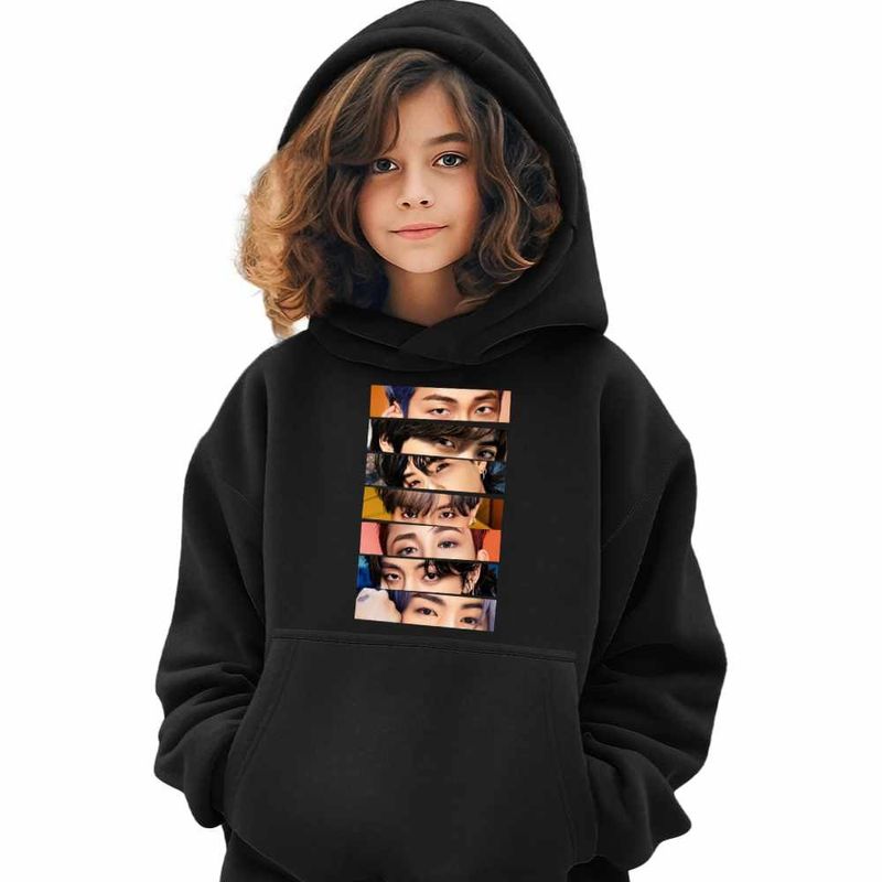 Fashion, accesorii si bijuterii - Copii - Imbracaminte copii - Pulovere si hanorace copii - Hanorac Copii Fete Kpop BTS Eyes Bangtan, negru, marime XS Copii - Infinity.ro