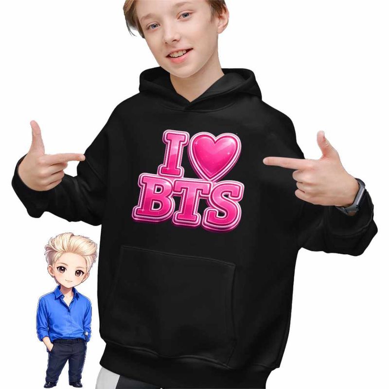 Fashion, accesorii si bijuterii - Copii - Imbracaminte copii - Pulovere si hanorace copii - Hanorac Copii Baieti I Love BTS Bangtan K-Pop, negru, marime XS Copii - Infinity.ro