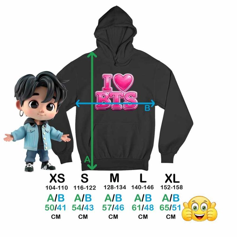 Fashion, accesorii si bijuterii - Copii - Imbracaminte copii - Pulovere si hanorace copii - Hanorac Copii Baieti I Love BTS Bangtan K-Pop, negru, marime XS Copii - Infinity.ro