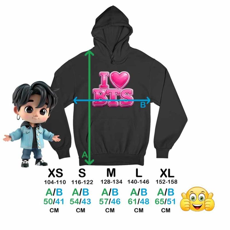 Fashion, accesorii si bijuterii - Copii - Imbracaminte copii - Pulovere si hanorace copii - Hanorac Copii Fete I Love BTS Bangtan K-Pop, negru, marime XS Copii - Infinity.ro