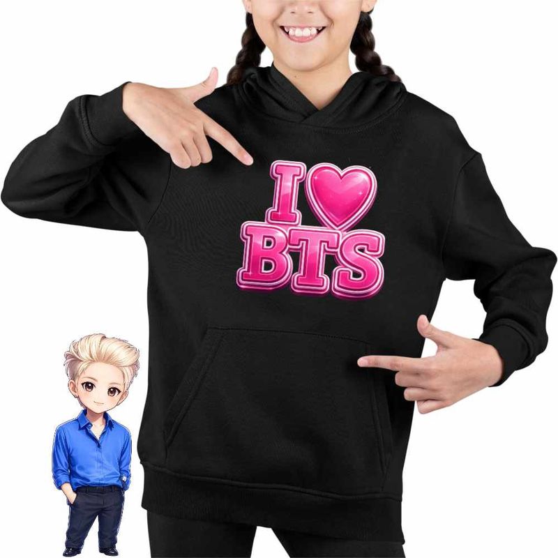 Fashion, accesorii si bijuterii - Copii - Imbracaminte copii - Pulovere si hanorace copii - Hanorac Copii Fete I Love BTS Bangtan K-Pop, negru, marime XS Copii - Infinity.ro