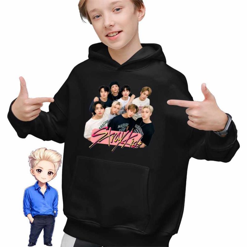 Fashion, accesorii si bijuterii - Copii - Imbracaminte copii - Pulovere si hanorace copii - Hanorac Copii Baieti Stray Kids Party Merch Kpop, negru, marime XS Copii - Infinity.ro