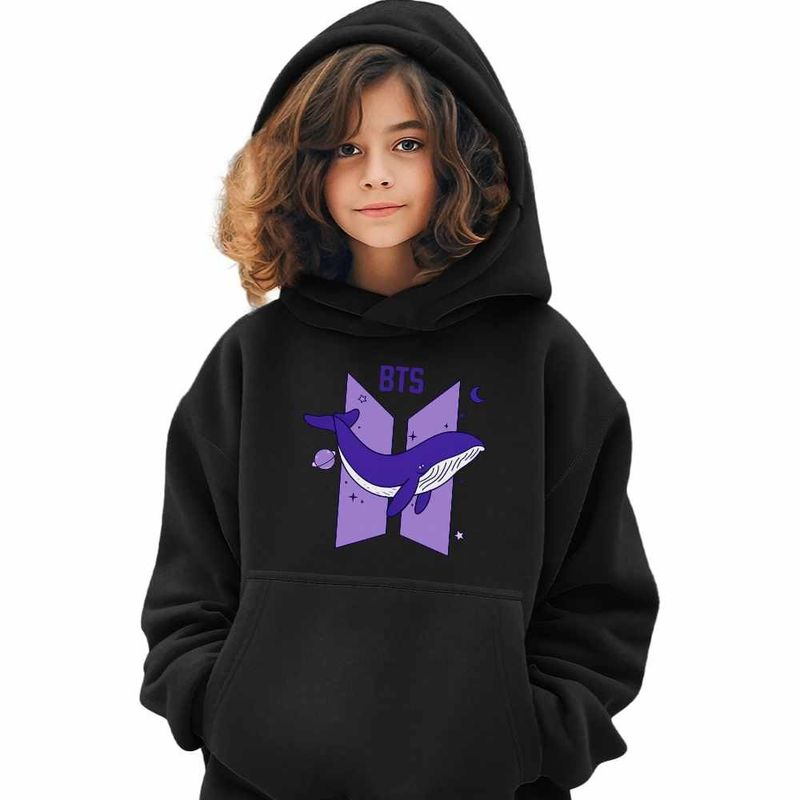 Fashion, accesorii si bijuterii - Copii - Imbracaminte copii - Pulovere si hanorace copii - Hanorac Copii Fete Kpop BTS Universe Whale, negru, marime XS Copii - Infinity.ro