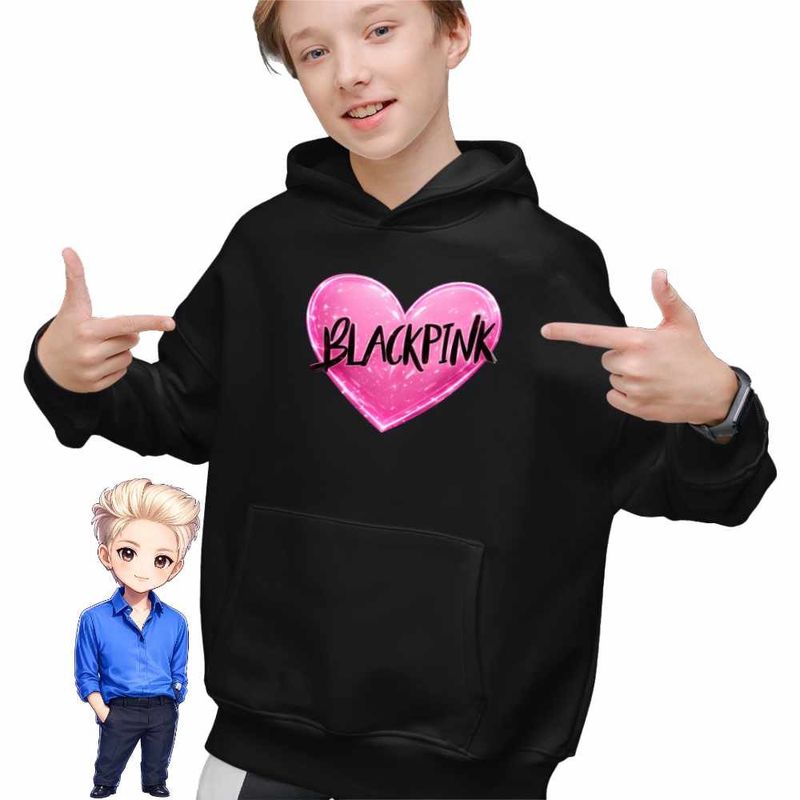 Fashion, accesorii si bijuterii - Copii - Imbracaminte copii - Pulovere si hanorace copii - Hanorac Copii Baieti BlackPink Heart Kpop Merch, negru, marime XS Copii - Infinity.ro