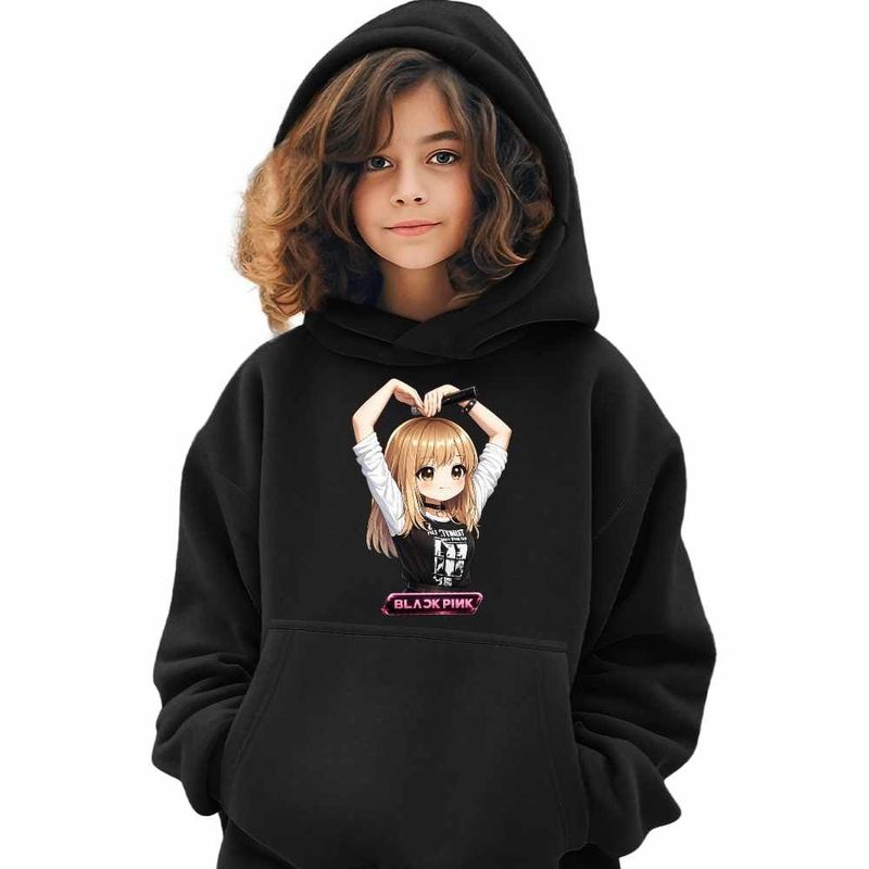 Fashion, accesorii si bijuterii - Copii - Imbracaminte copii - Pulovere si hanorace copii - Hanorac Copii Fete BlackPink Lisa Heart Love Kpop, negru, marime XS Copii - Infinity.ro