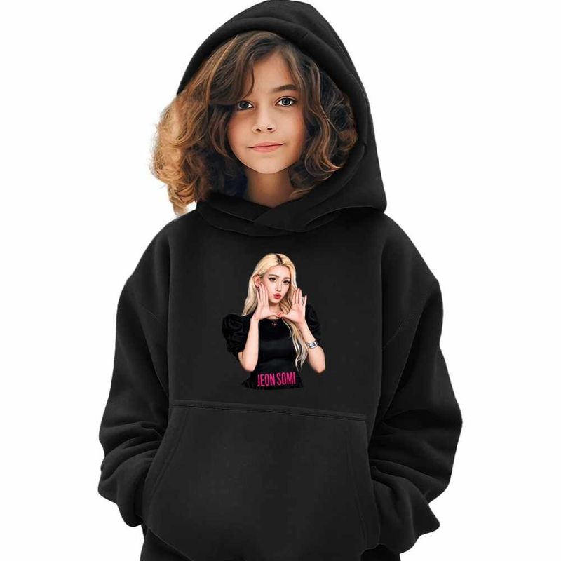 Fashion, accesorii si bijuterii - Copii - Imbracaminte copii - Pulovere si hanorace copii - Hanorac Copii Fete Jeon Somi Merch Kpop, negru, marime XS Copii - Infinity.ro