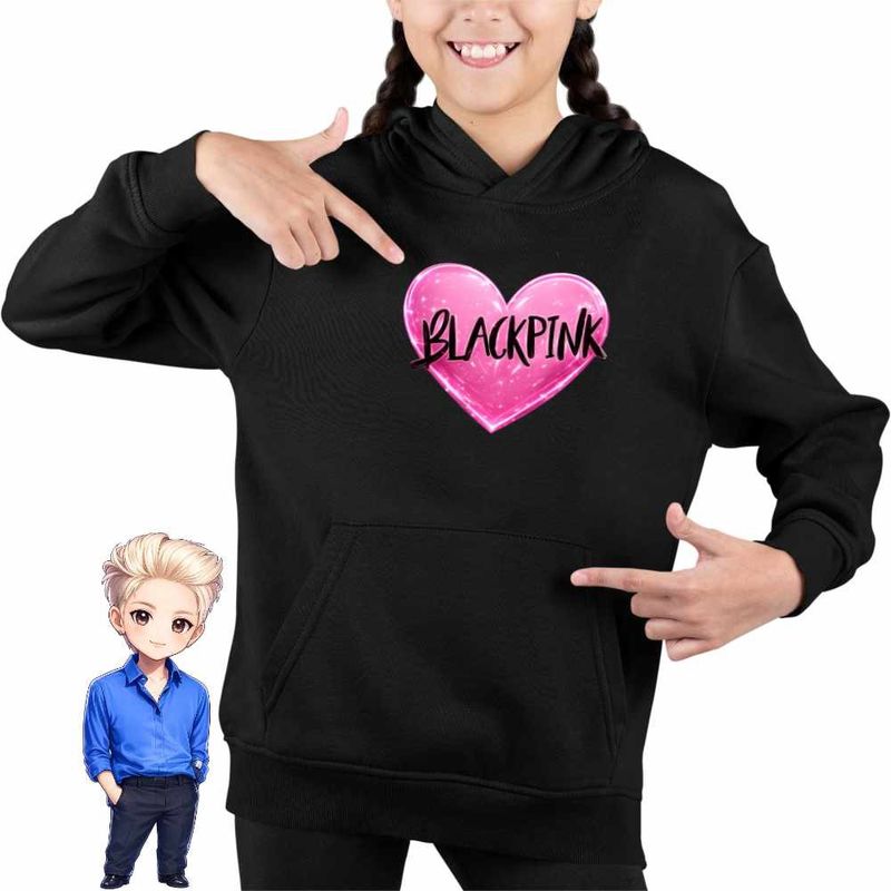 Fashion, accesorii si bijuterii - Copii - Imbracaminte copii - Pulovere si hanorace copii - Hanorac Copii Fete BlackPink Heart Kpop Merch, negru, marime XS Copii - Infinity.ro
