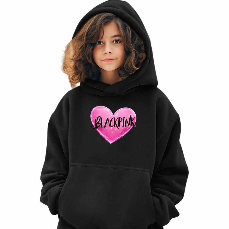 Fashion, accesorii si bijuterii - Copii - Imbracaminte copii - Pulovere si hanorace copii - Hanorac Copii Fete BlackPink Heart Kpop Merch, negru, marime XS Copii - Infinity.ro