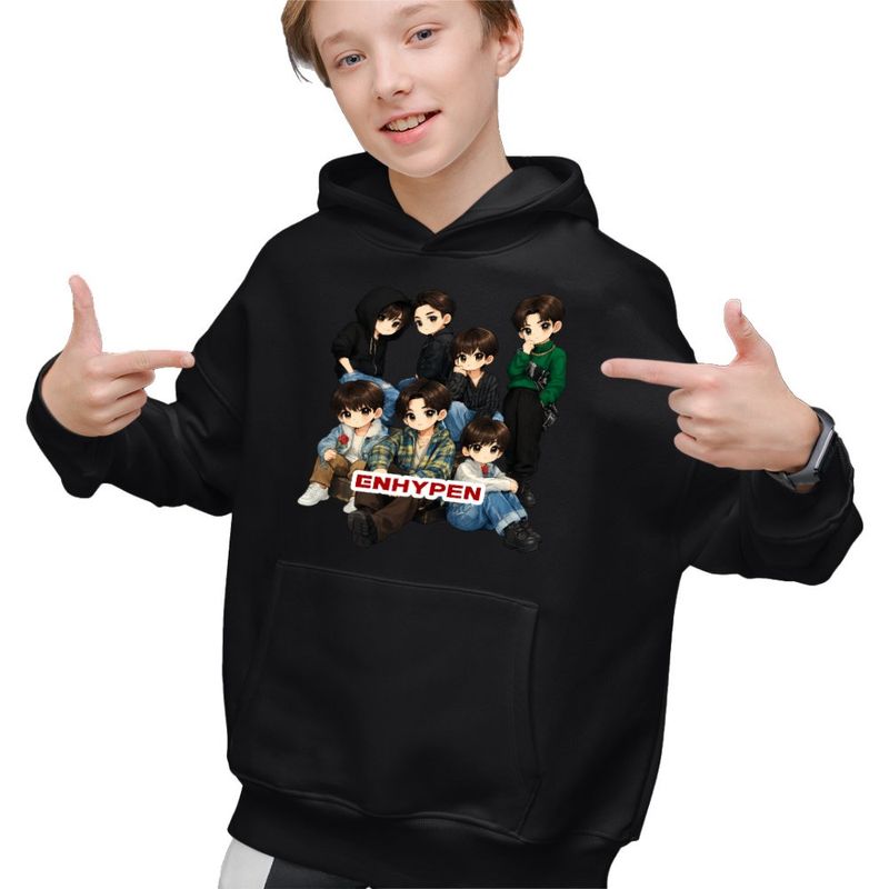 Fashion, accesorii si bijuterii - Copii - Imbracaminte copii - Pulovere si hanorace copii - Hanorac Copii Baieti Kpop Enhypen Cartoon Merch, negru, marime XS Copii - Infinity.ro