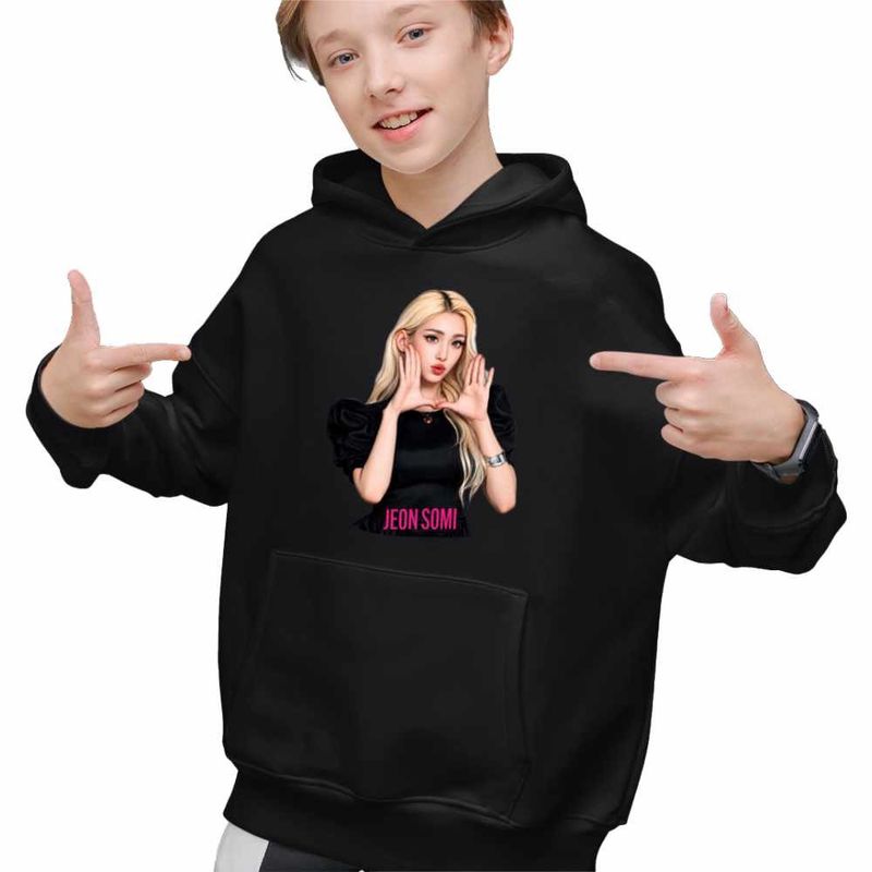 Fashion, accesorii si bijuterii - Copii - Imbracaminte copii - Pulovere si hanorace copii - Hanorac Copii Baieti Jeon Somi Merch Kpop, negru, marime XS Copii - Infinity.ro