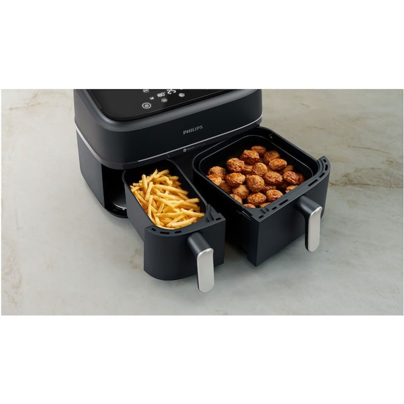 Electronice si Electrocasnice - Electrocasnice bucatarie - Aparate de gatit & desert - Friteuze - Friteuza Dubla fara Ulei Philips Airfryer Seria 3000 NA351/00, 9 L, 2 Sertare, 8 Presetari, 2750 W - Infinity.ro