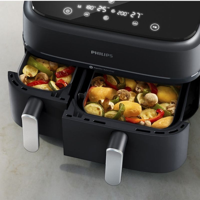Electronice si Electrocasnice - Electrocasnice bucatarie - Aparate de gatit & desert - Friteuze - Friteuza Dubla fara Ulei Philips Airfryer Seria 3000 NA351/00, 9 L, 2 Sertare, 8 Presetari, 2750 W - Infinity.ro