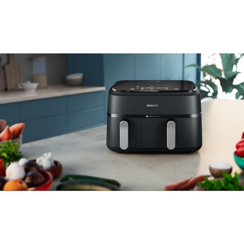 Electronice si Electrocasnice - Electrocasnice bucatarie - Aparate de gatit & desert - Friteuze - Friteuza Dubla fara Ulei Philips Airfryer Seria 3000 NA351/00, 9 L, 2 Sertare, 8 Presetari, 2750 W - Infinity.ro
