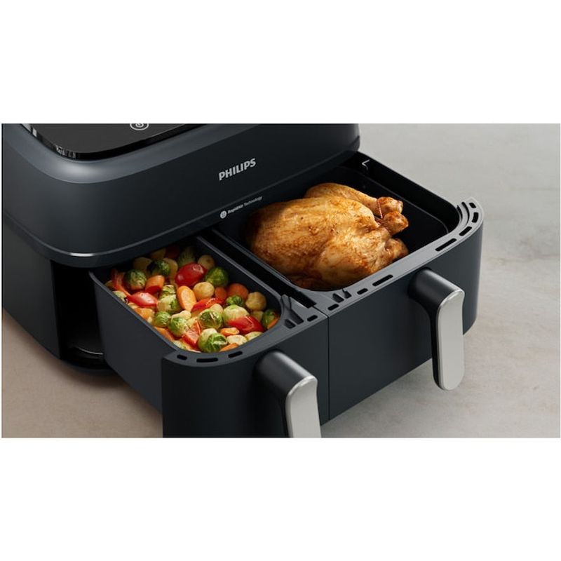 Electronice si Electrocasnice - Electrocasnice bucatarie - Aparate de gatit & desert - Friteuze - Friteuza Dubla fara Ulei Philips Airfryer Seria 3000 NA351/00, 9 L, 2 Sertare, 8 Presetari, 2750 W - Infinity.ro