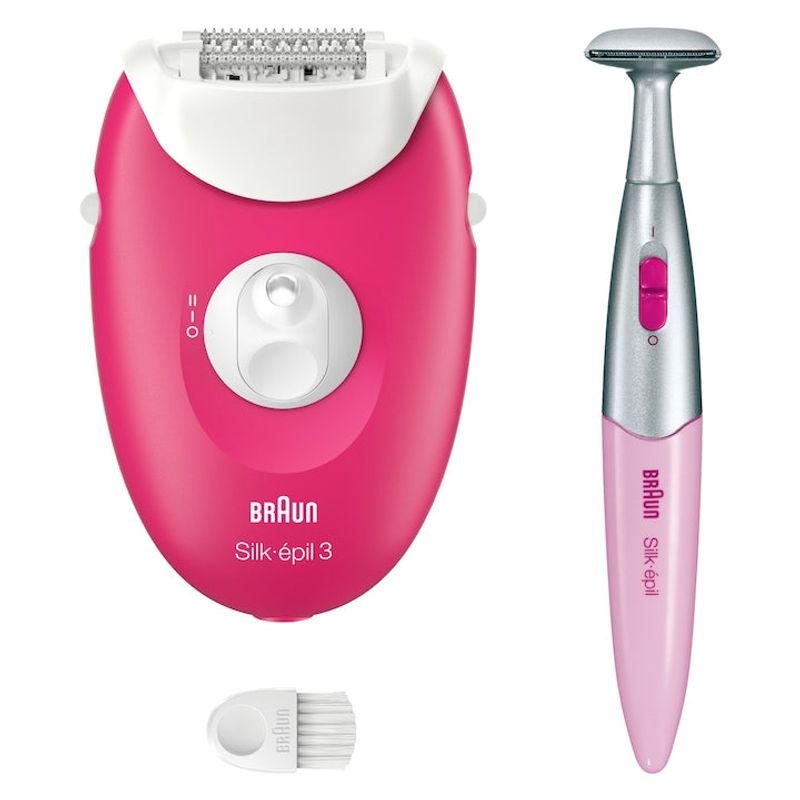 Ingrijire personala si Cosmetice - Aparate & accesorii ingrijire personala - Epilatoare si accesorii - Epilatoare - Epilator Braun Silk-épil 3 3-202 cu 20 Pensete MicroGrip, SmartLight, 2 Viteze si Trimmer, Fucsia - Infinity.ro