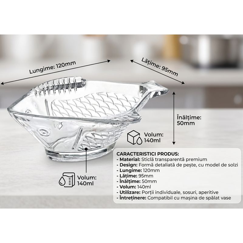 Casa si Gradina - Bucatarie si vesela - Vesela si tacamuri - Farfurii si boluri - Set 6 boluri din sticla transparenta in forma de peste 140 ml pentru deserturi si sosuri - Infinity.ro