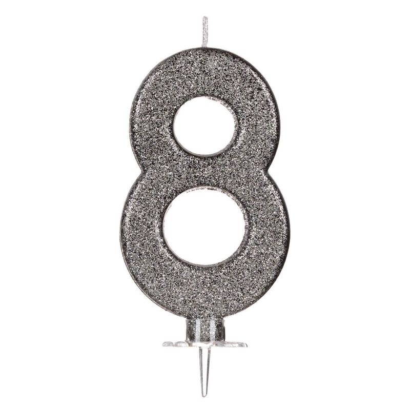 Casa si Gradina - Decoratiuni - Aromaterapie si lumanari - Lumanari si candele - Lumanare tort cifra 8, neagra cu sclipici argintiu, 10 cm - Infinity.ro