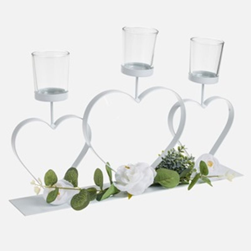 Casa si Gradina - Decoratiuni - Aromaterapie si lumanari - Suporturi lumanari - Suport decorativ pentru lumanari tip pastila, 3 inimi, 39x25,5 cm, alb, metal, cu pahare din sticla - Infinity.ro