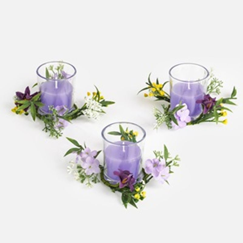 Casa si Gradina - Decoratiuni - Aromaterapie si lumanari - Suporturi lumanari - Set 3 Lumanari cu Coronite de Flori, Mov - Infinity.ro