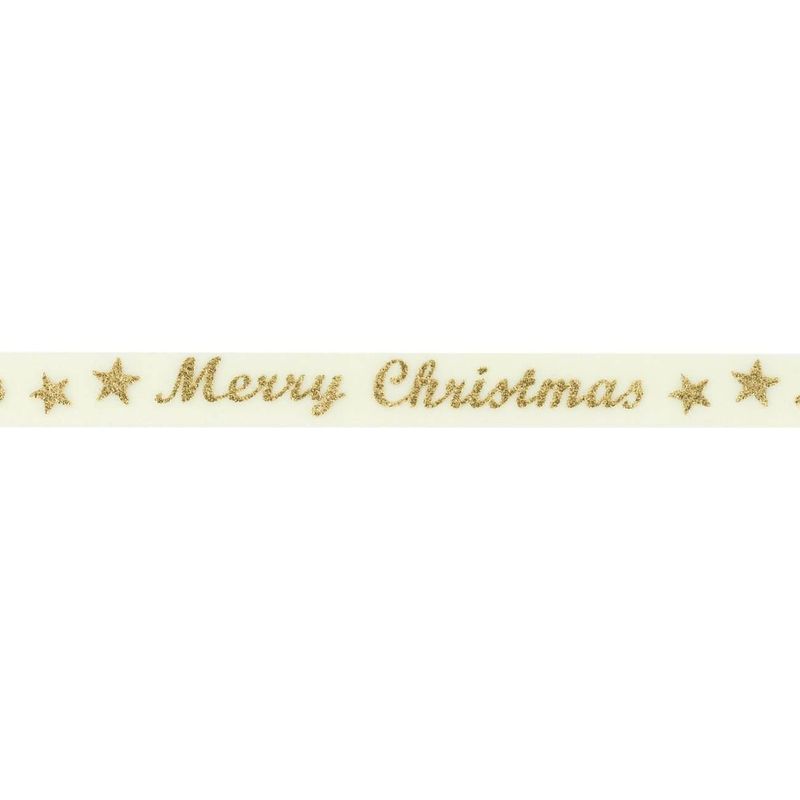 Market - Cadouri - Pungi cadou si accesorii - Panglica de Craciun catifelata, Bej cu imprimeu Merry Christmas si stele, 5m x 9mm - Infinity.ro