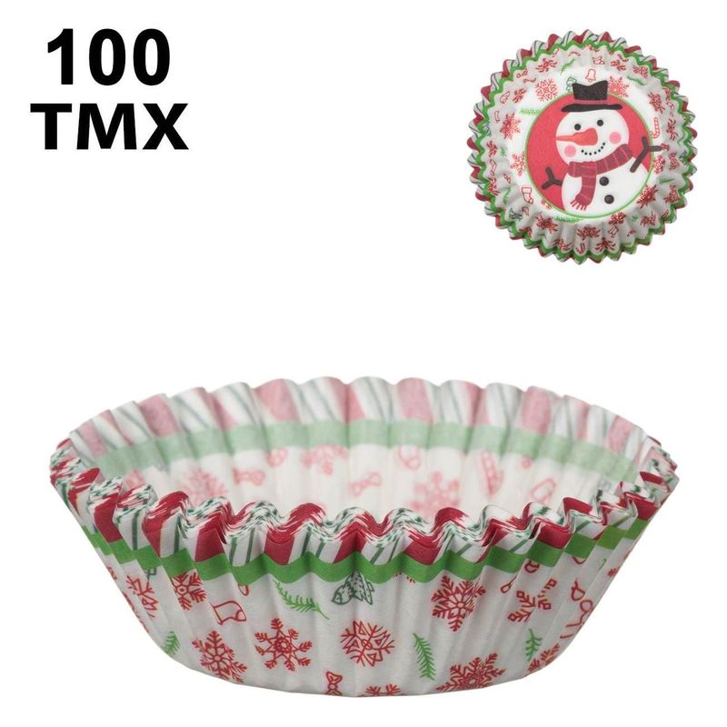 Casa si Gradina - Bucatarie si vesela - Ustensile bucatarie - Forme prajituri - Forme de hartie pentru cupcakes, Set 100 buc, 10.5 cm, Multicolor, Design Craciun cu Om de Zapada - Infinity.ro