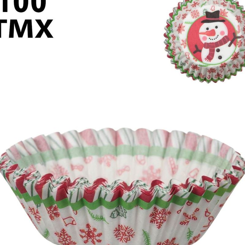 Casa si Gradina - Bucatarie si vesela - Ustensile bucatarie - Forme prajituri - Forme de hartie pentru cupcakes, Set 100 buc, 10.5 cm, Multicolor, Design Craciun cu Om de Zapada - Infinity.ro