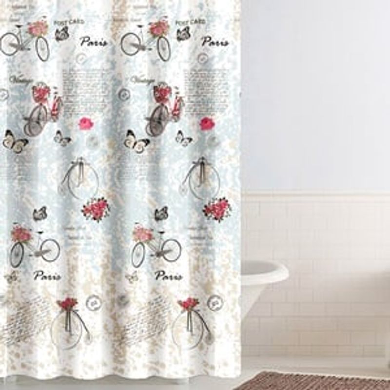 Casa si Gradina - Textile si covoare - Perdele si draperii - Perdele - Perdea de dus textila, 180x180 cm, albastra, model vintage cu biciclete - Infinity.ro