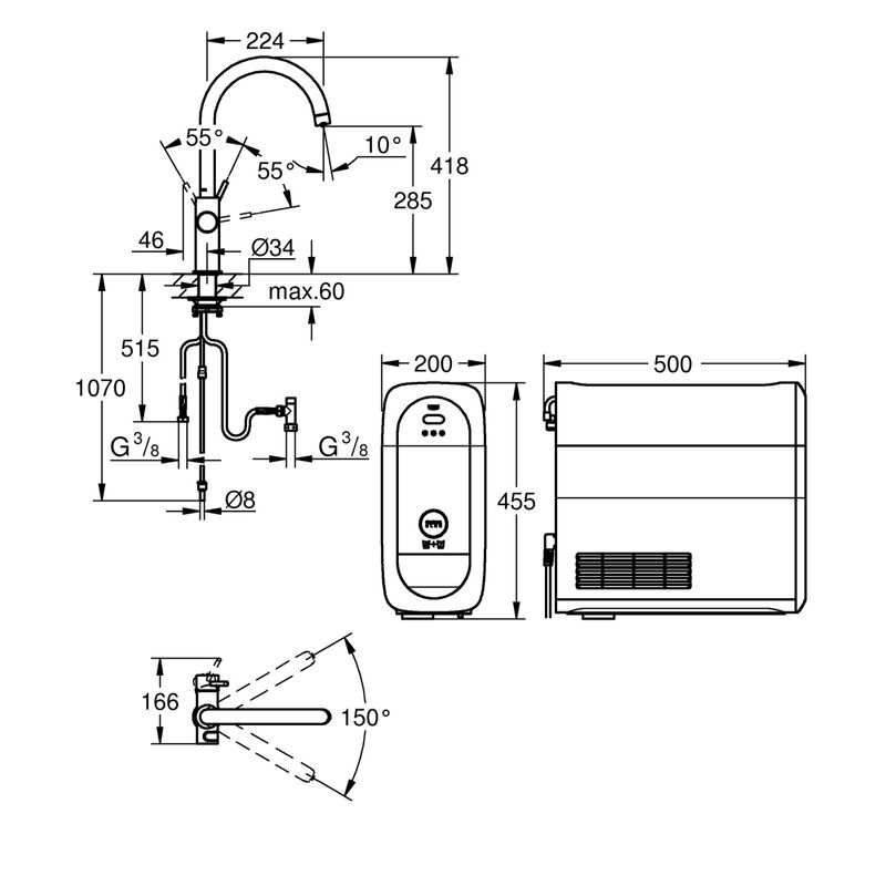 Casa si Gradina - Sanitare - Chiuveta bucatarie si accesorii - Baterii bucatarie - Baterie de bucatarie Grohe 31455DL1, Blue Home, 3/8'', tip C, inalta, filtare, racire, apa carbogazoasa, mat, cupru - Infinity.ro