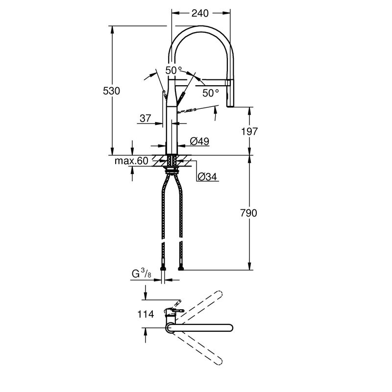 Casa si Gradina - Sanitare - Chiuveta bucatarie si accesorii - Baterii bucatarie - Baterie de bucatarie Grohe 30294DC0, Essence, 3/8'', XL, tip C, dus, 2 functii, mat, otel satinat - Infinity.ro