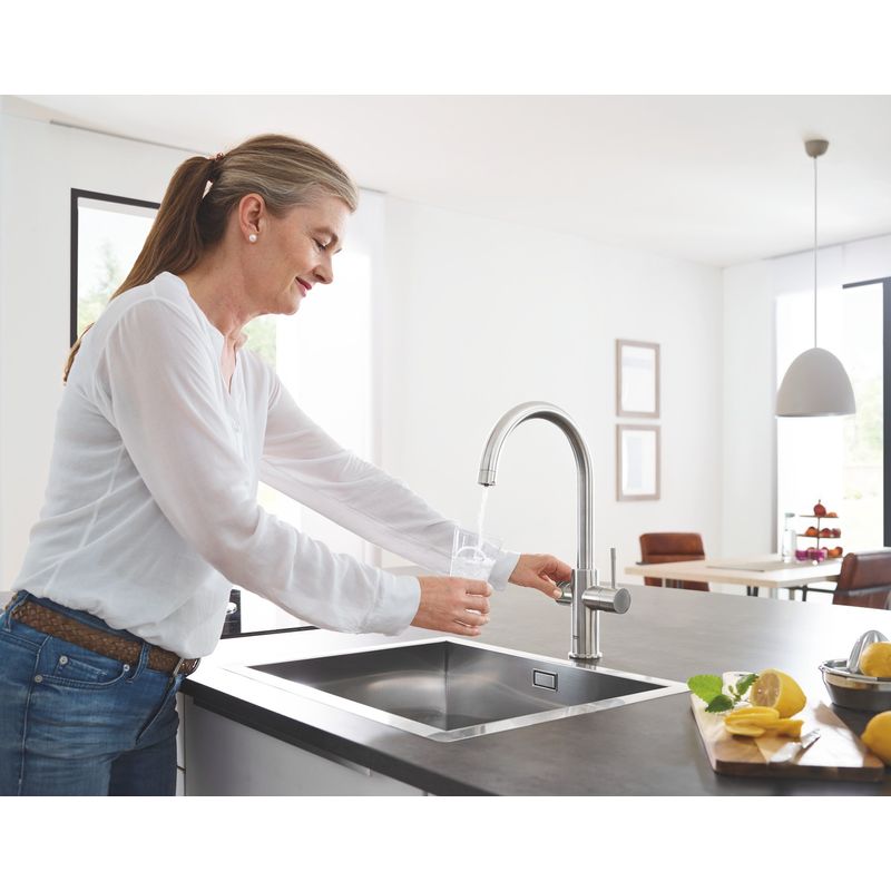 Casa si Gradina - Sanitare - Chiuveta bucatarie si accesorii - Baterii bucatarie - Baterie de bucatarie Grohe 31455DC1, Blue Home, inalta, tip C, filtare, racire, apa carbogazoasa, mat, otel satinat - Infinity.ro