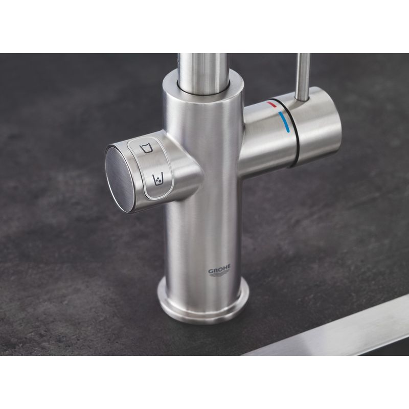 Casa si Gradina - Sanitare - Chiuveta bucatarie si accesorii - Baterii bucatarie - Baterie de bucatarie Grohe 31455DC1, Blue Home, inalta, tip C, filtare, racire, apa carbogazoasa, mat, otel satinat - Infinity.ro