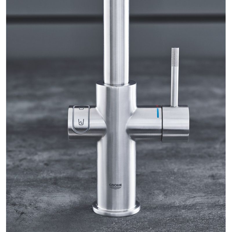 Casa si Gradina - Sanitare - Chiuveta bucatarie si accesorii - Baterii bucatarie - Baterie de bucatarie Grohe 31455DC1, Blue Home, inalta, tip C, filtare, racire, apa carbogazoasa, mat, otel satinat - Infinity.ro