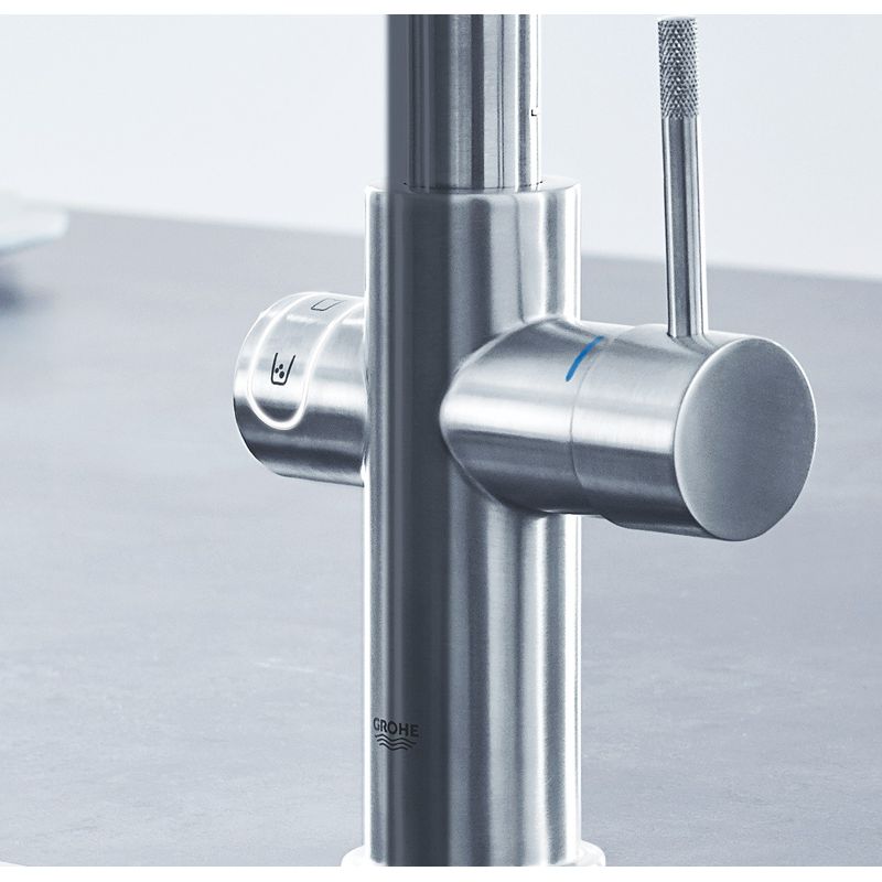 Casa si Gradina - Sanitare - Chiuveta bucatarie si accesorii - Baterii bucatarie - Baterie de bucatarie Grohe 31455DC1, Blue Home, inalta, tip C, filtare, racire, apa carbogazoasa, mat, otel satinat - Infinity.ro
